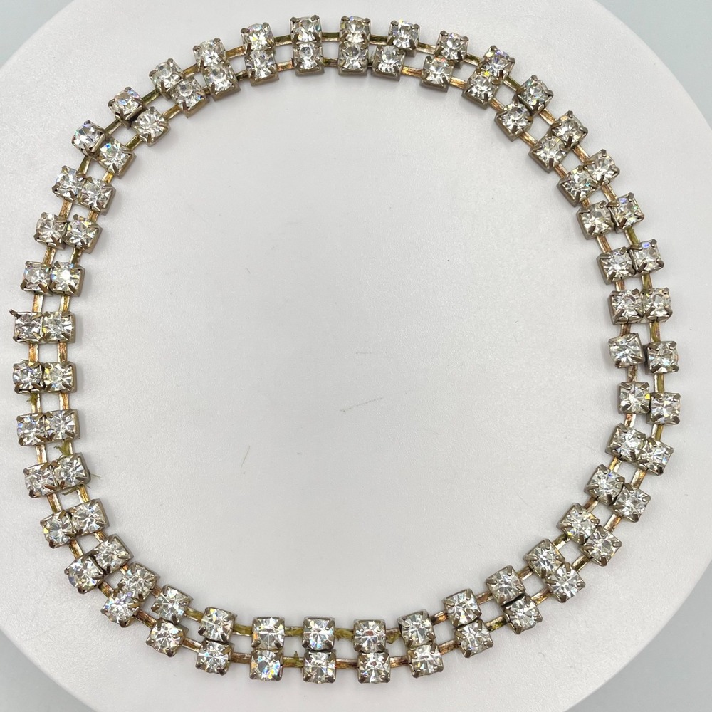 Vintage Art Deco Silver Tone 2 Row Clear Rhinestone Prong Set Tennis Bracelet